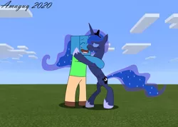 Size: 1126x802 | Tagged: safe, artist:amaguq, derpibooru import, princess luna, oc, oc:jetx, alicorn, human, pony, 2020, art trade, canon x oc, crossover, crossover shipping, female, inkscape, male, mare, minecraft, screencap background, shipping, signature, sky, vector