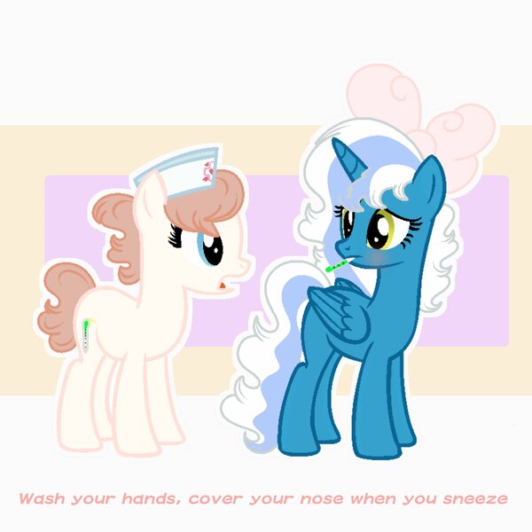 Size: 4096x4096 | Tagged: safe, artist:flutterio1, artist:riofluttershy, derpibooru import, oc, oc:fleurbelle, oc:nurse mercury, alicorn, earth pony, alicorn oc, base used, bow, earth pony oc, hair bow, hat, horn, nurse, nurse hat, thermometer, wings