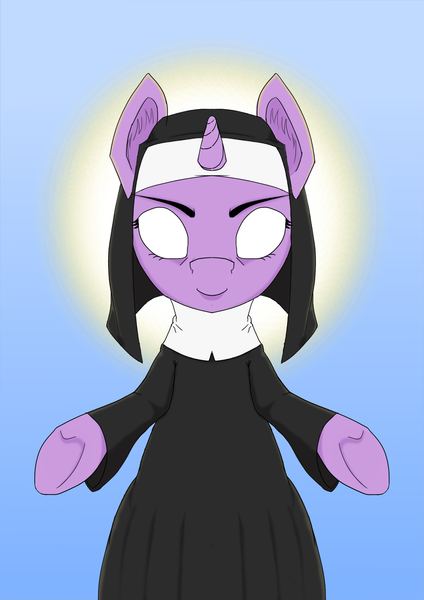 Size: 1755x2481 | Tagged: safe, artist:mediocre, derpibooru import, twilight sparkle, unicorn, eyes closed, nun, open arms, simple background, solo, standing, unicorn twilight