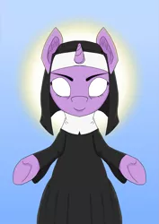 Size: 1755x2481 | Tagged: safe, artist:mediocre, derpibooru import, twilight sparkle, unicorn, eyes closed, nun, open arms, simple background, solo, standing, unicorn twilight