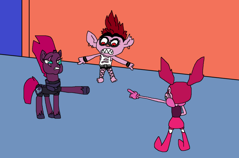 Size: 1642x1088 | Tagged: 60s spider-man, angry, antagonist, artist:logan jones, derpibooru import, meme, my little pony: the movie, pointing, queen barb, safe, spinel (steven universe), steven universe, steven universe: the movie, tempest shadow, trolls, trolls world tour