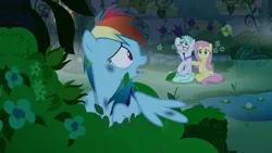 Size: 1920x1080 | Tagged: anxiety, anxious, bush, canterlot, derpibooru import, feather flatterfly, female, fluttershy, folded wings, garden, glasses, male, messy mane, necktie, nervous, night, open mouth, pond, rainbow dash, safe, scared, screencap, sitting, the summer sun setback, wings, worried