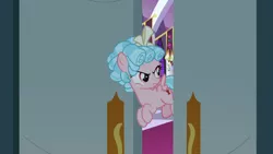 Size: 1920x1080 | Tagged: safe, derpibooru import, screencap, cozy glow, pegasus, pony, the summer sun setback, bow, canterlot castle, cozy glow is not amused, curly hair, evil planning in progress, female, filly, flying, foal, freckles, frown, hair bow, intruder, sneaking, solo, spread wings, wings