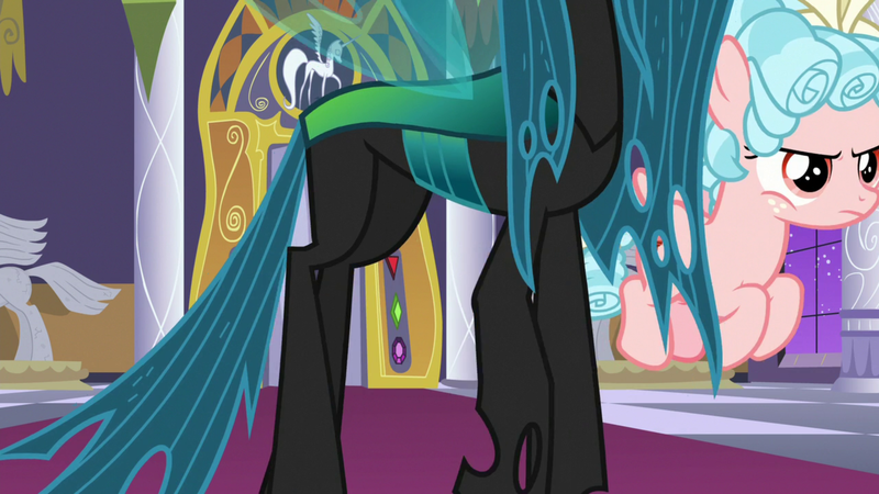 Size: 1920x1080 | Tagged: safe, derpibooru import, screencap, cozy glow, queen chrysalis, changeling, pegasus, pony, the summer sun setback, bow, canterlot castle, cozy glow is not amused, curly hair, duo, evil planning in progress, female, filly, flying, foal, former queen chrysalis, freckles, frown, hair bow, insect wings, intruder, sneaking, throne room, wings