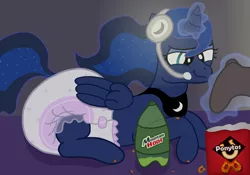 Size: 2300x1610 | Tagged: alicorn, artist:sweetielover, chips, controller, derpibooru import, diaper, diaper fetish, doritos, drink, fetish, food, headset, headset mic, levitation, magic, magic aura, mountain dew, nightime, poofy diaper, princess luna, snacks, suggestive, telekinesis