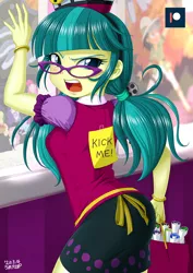 Size: 848x1200 | Tagged: safe, artist:uotapo, derpibooru import, chestnut magnifico, daring do, juniper montage, equestria girls, movie magic, spoiler:eqg specials, against glass, angry, ass, blushing, bracelet, bully, bullying, butt, clothes, female, glass, glasses, jewelry, junibum montage, kick me, looking at you, looking back, looking back at you, looking over shoulder, open mouth, paper, pigtails, post-it, solo, solo focus, text