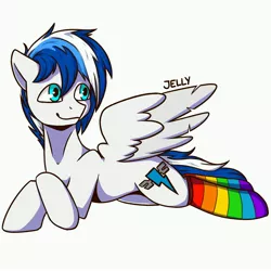 Size: 4000x4000 | Tagged: safe, artist:jellysiek, derpibooru import, oc, unofficial characters only, pegasus, pony, clothes, male, rainbow, rainbow socks, signature, simple background, smiling, socks, solo, spread wings, stallion, striped socks, white background, wings