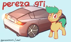 Size: 2274x1368 | Tagged: safe, artist:perezadotarts, derpibooru import, oc, oc:pen sketchy, earth pony, pony, car, digital art, looking at you, male, simple background, smiling, solo, stallion, text, vehicle