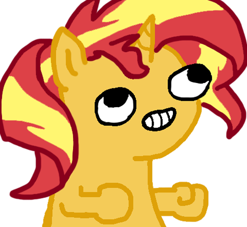 Size: 500x460 | Tagged: safe, artist:horseinduceddelirium, artist:nightwalkerwof, derpibooru import, edit, sunset shimmer, anthro, pony, unicorn, female, fsjal, meme, ponified meme, simple background, smiling, solo, transparent background, wat