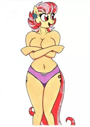 Size: 1920x2716 | Tagged: adorasexy, anthro, artist:killerteddybear94, aunt holiday, aunt holidorable, belly button, big breasts, both cutie marks, breasts, busty aunt holiday, clothes, covering, covering breasts, curvy, cute, cutie mark, derpibooru import, ear piercing, earring, female, frilly underwear, hourglass figure, jewelry, mare, milf, open mouth, panties, partial nudity, piercing, pink underwear, sexy, simple background, smiling, solo, solo female, suggestive, topless, underwear, white background