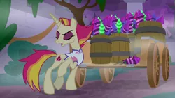 Size: 1920x1080 | Tagged: barrel, bush, canterlot, cart, clothes, derpibooru import, eyes closed, eyeshadow, female, fire flare, fireworks, fog, implied rarity, makeup, night, open mouth, raised hoof, safe, screencap, solo, the summer sun setback, unamused, vest, wagon