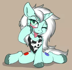 Size: 1512x1470 | Tagged: safe, artist:arjinmoon, derpibooru import, oc, oc:silver schism, unofficial characters only, pony, unicorn, akanbe, bandana, simple background, solo, tongue out