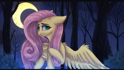 Size: 3600x2035 | Tagged: safe, artist:deathplace69, derpibooru import, fluttershy, pegasus, pony, crescent moon, female, forest, mare, moon, night, solo, walking