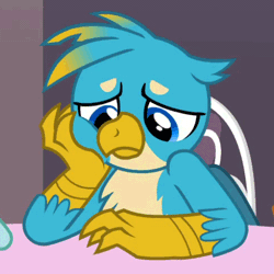 Size: 488x488 | Tagged: safe, derpibooru import, edit, edited screencap, screencap, gallus, gryphon, she's all yak, animated, ashamed, claws, cropped, cute, folded wings, gallabetes, gif, guilty, looking down, loop, male, reaction image, sad, sadorable, sitting, solo focus, talons, tapping, teenager, waiting, wings