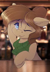 Size: 2200x3200 | Tagged: safe, artist:ardail, derpibooru import, oc, oc:mocha latte, earth pony, pony, bandana, clothes, cloven hooves, cute, female, high res, mare, one eye closed, scarf, smiling, solo, wink