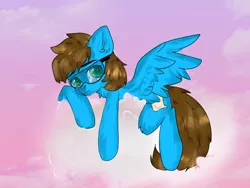 Size: 1600x1200 | Tagged: safe, artist:tosha_papuru0404, derpibooru import, oc, oc:blue scroll, unofficial characters only, pegasus, pony, cloud, male, safety goggles