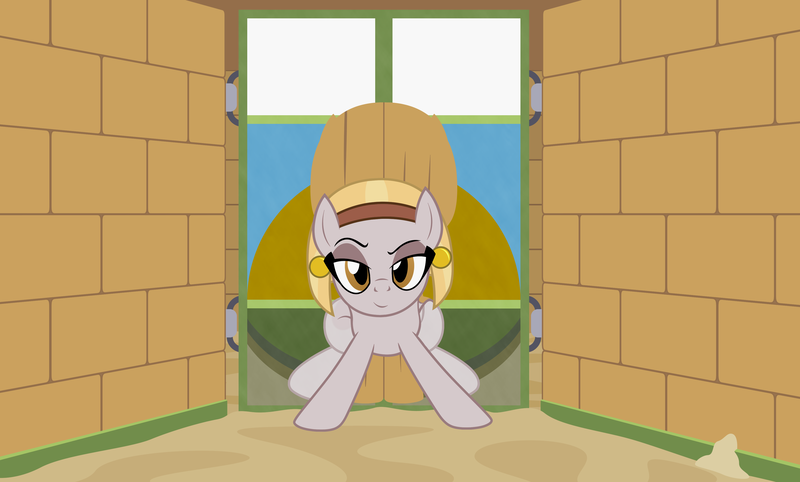 Size: 3789x2284 | Tagged: safe, artist:badumsquish, derpibooru import, part of a set, oc, unofficial characters only, earth pony, living hieroglyph, monster pony, original species, pony, bedroom eyes, bricks, door, dreamworks face, ear piercing, earring, egyptian, egyptian pony, eyeshadow, female, headband, hieroglyphics, jewelry, looking at you, makeup, mare, painting, piercing, pyramid, raised eyebrow, sand, show accurate, smiling, smirk, solo, trap (device), wall