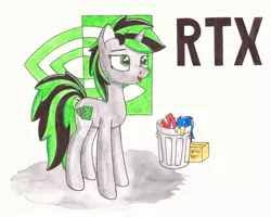 Size: 1280x1024 | Tagged: safe, artist:zocidem, derpibooru import, oc, unofficial characters only, pony, unicorn, logo, mascot, nvidia, reference, rtx, solo, traditional art, trash can