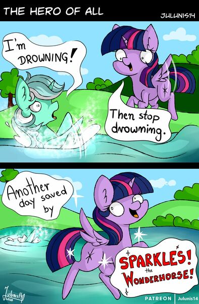 Size: 1600x2434 | Tagged: safe, artist:julunis14, derpibooru import, lyra heartstrings, twilight sparkle, twilight sparkle (alicorn), alicorn, pony, unicorn, sparkles! the wonder horse!, asphyxiation, comic, dark comedy, dialogue, drowning, female, mare, twibitch sparkle, water