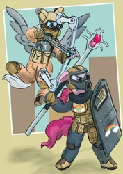 Size: 1920x2716 | Tagged: safe, artist:lizardwithhat, derpibooru import, bifröst, silverspeed, pegasus, pony, compound bow, female, friendship student, helmet, magic arrow, mare, mask, riot gear, riot shield, simple background, staff, tactical gear, tactical vest