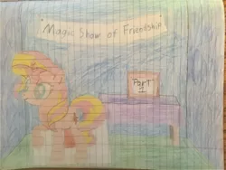 Size: 3264x2448 | Tagged: safe, artist:dupontsimon, derpibooru import, sunset shimmer, fanfic:magic show of friendship, equestria girls, cardboard cutout, fanfic art, lined paper, title card, traditional art