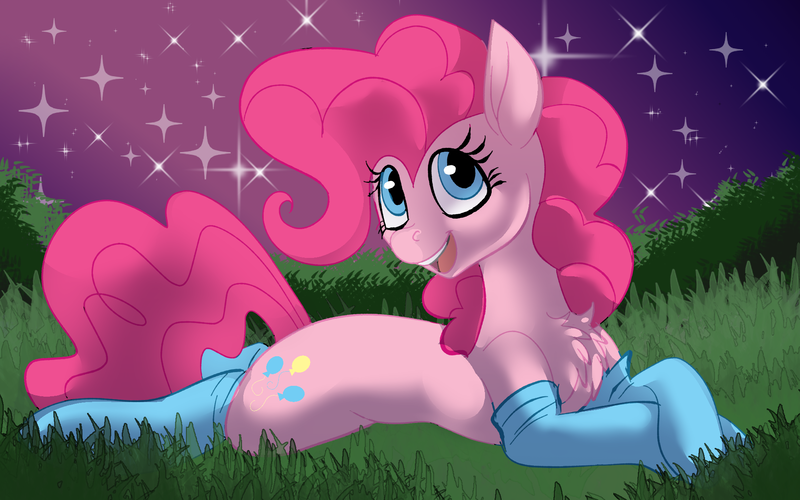 Size: 1920x1200 | Tagged: safe, artist:brainiac, derpibooru import, pinkie pie, earth pony, pony, chest fluff, clothes, female, grass, happy, mare, night, prone, smiling, socks, solo