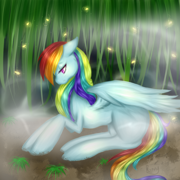 Size: 1000x1000 | Tagged: safe, artist:kinjareta, derpibooru import, rainbow dash, pegasus, pony, female, ground, mare, sad, solo, spread wings, wings