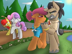 Size: 2801x2100 | Tagged: safe, artist:kingkrail, derpibooru import, apple bloom, doctor caballeron, scootaloo, sweetie belle, earth pony, pegasus, pony, unicorn, series:caballeron's prize, blushing, clothed female clothed male, clothes, crack shipping, mind break, older, older apple bloom, older scootaloo, older sweetie belle, scootalleron, shipping, stockholm syndrome, unshorn fetlocks