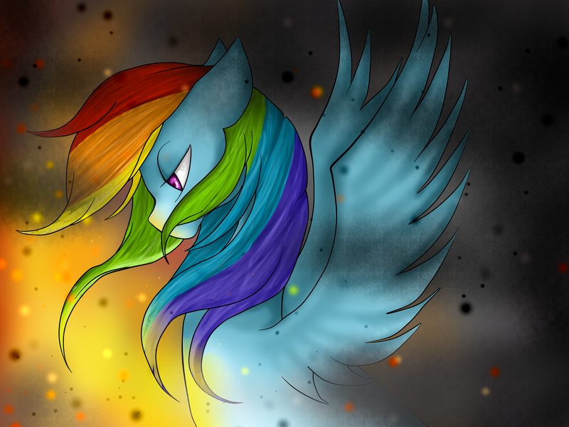 Size: 4000x3000 | Tagged: safe, artist:kinjareta, derpibooru import, rainbow dash, pegasus, pony, badass, female, fire, mare, smoke, solo, spread wings, unhappy, wings