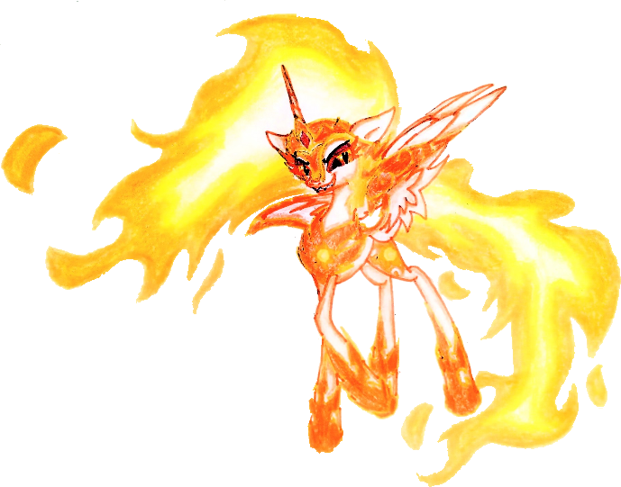 Size: 689x541 | Tagged: safe, artist:mysteriousshine, derpibooru import, daybreaker, alicorn, pony, crown, eyelashes, female, hoof shoes, jewelry, mane of fire, mare, peytral, raised hoof, regalia, simple background, smiling, solo, traditional art, transparent background