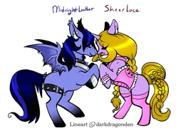 Size: 1002x767 | Tagged: safe, artist:-censored-, derpibooru import, oc, unofficial characters only, bat pony, pony, unicorn, base used, bat pony oc, bat wings, braid, braided tail, choker, clothes, corset, duo, ear fluff, ear piercing, eyes closed, female, horn, male, mare, piercing, rearing, simple background, socks, spiked choker, stallion, stockings, straight, thigh highs, transparent background, unicorn oc, wing piercing, wings