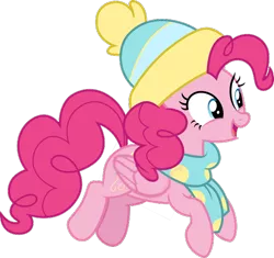 Size: 638x600 | Tagged: safe, artist:cloudyglow, derpibooru import, edit, editor:rain sunburst, vector edit, pinkie pie, pegasus, pony, clothes, cute, diapinkes, female, hat, looking at something, mare, open mouth, pegasus pinkie pie, race swap, scarf, simple background, solo, transparent background, vector, winter hat, winter outfit