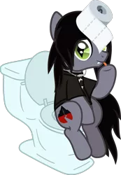 Size: 1009x1460 | Tagged: safe, artist:lightningbolt, derpibooru import, part of a set, ponified, ponified:kellin quinn, pony, unicorn, .svg available, but why, clothes, disguise, disguised siren, fangs, horn, horn impalement, jewelry, looking at you, male, necklace, shirt, shrug, simple background, sitting, sleeping with sirens, slit eyes, solo, stallion, svg, t-shirt, toilet, toilet paper, tongue out, transparent background, underhoof, vector, 🧻