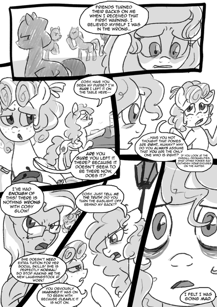 Size: 1240x1754 | Tagged: safe, artist:lunarcakez, derpibooru import, cozy glow, oc, pegasus, pony, comic:a dim glow, comic, dialogue, female, filly, gaslighting, grayscale, mare, monochrome