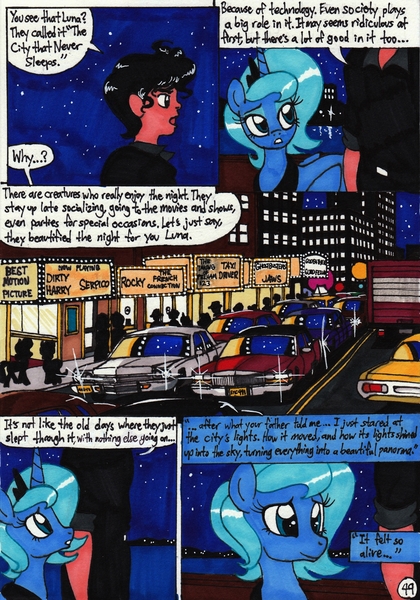 Size: 2083x2976 | Tagged: alicorn, artist:newyorkx3, car, comic, comic:young days, derpibooru import, human, night, oc, oc:tommy, princess luna, s1 luna, safe, speech bubble, traditional art