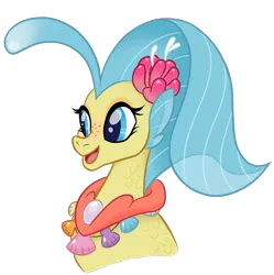 Size: 1767x1772 | Tagged: artist:angelicmissmarie, bust, derpibooru import, flower, flower in hair, freckles, jewelry, my little pony: the movie, necklace, open mouth, pearl necklace, princess skystar, safe, seapony (g4), simple background, smiling, solo, transparent background