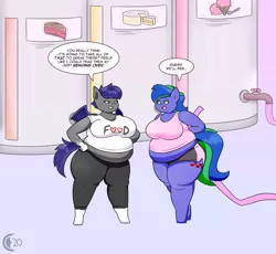 Size: 2500x2300 | Tagged: suggestive, artist:theguynooneremembers, derpibooru import, oc, oc:felicity stars, oc:midnight blossom, unofficial characters only, anthro, bat pony, pegasus, unguligrade anthro, series:shred those pants, bat pony oc, bat wings, belly, big belly, breasts, chubby, clothes, dialogue, duo, duo female, fat, female, food, freckles, hose, pants, shirt, shorts, simple background, socks (coat marking), this will end in weight gain, weight gain sequence, wings, yoga pants