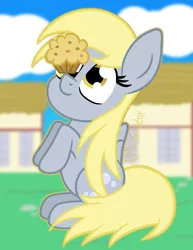 Size: 1400x1811 | Tagged: safe, artist:puperhamster, derpibooru import, derpy hooves, pegasus, pony, balancing, cute, derpabetes, food, muffin, ponies balancing stuff on their nose, silly, silly pony, sitting, solo