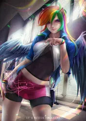 Size: 848x1200 | Tagged: safe, artist:axsens, derpibooru import, rainbow dash, human, equestria girls, beautiful, chromatic aberration, clothes, compression shorts, eared humanization, eyeshadow, fit, hand on hip, humanized, jacket, looking at you, makeup, miniskirt, rainbow, seductive, seductive pose, sexy, shirt, shirt lift, shorts, skirt, smiling, solo, stupid sexy rainbow dash, sultry pose, sunny day, undershirt, watermark, winged humanization, wings, wristband