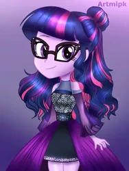 Size: 1536x2048 | Tagged: safe, artist:artmlpk, derpibooru import, sci-twi, twilight sparkle, equestria girls, alternate hairstyle, beautiful, clothes, curly hair, cute, digital art, dress, fashion, fashion style, female, glasses, looking at you, outfit, smiling, smiling at you, solo, toy, twiabetes