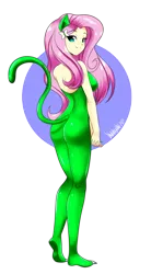 Size: 2479x4500 | Tagged: safe, artist:danmakuman, derpibooru import, fluttershy, bat pony, cat, equestria girls, animal costume, anime, bare shoulders, breasts, busty fluttershy, cat costume, cat ears, catgirl, catsuit, clothes, costume, cute, flutterbat, high res, looking at you, looking back, looking back at you, race swap, shyabetes, simple background, sleeveless, smiling, solo, strapless, stupid sexy fluttershy, suit, transparent background