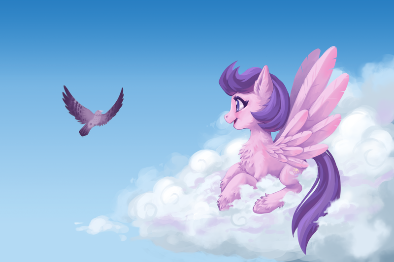 Size: 4950x3300 | Tagged: safe, artist:taytinabelle, derpibooru import, clear skies, bird, pegasus, pony, beautiful, chest fluff, cloud, cute, digital art, ear fluff, feather, female, fluffy, happy, high res, leg fluff, mare, open mouth, profile, side view, smiling, solo, spread wings, unshorn fetlocks, wings