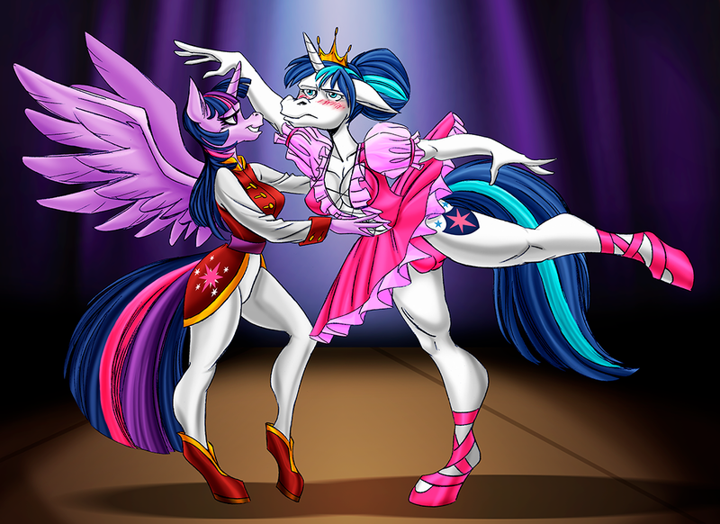 Size: 1052x765 | Tagged: suggestive, artist:jilo, derpibooru import, shining armor, twilight sparkle, twilight sparkle (alicorn), alicorn, anthro, unguligrade anthro, unicorn, ballerina, blushing, breasts, clothes, crossdressing, lost bet, shining armor is not amused, tutu, unamused