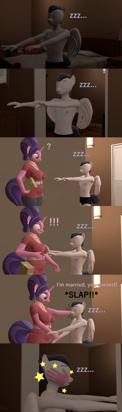 Size: 1920x6480 | Tagged: 3d, accidental groping, angry, anthro, artist:papadragon69, belly button, breast grab, breasts, busty cookie crumbles, cookie crumbles, derpibooru import, grope, hand print, handprint, older, older rumble, old master q, ouch, pain star, parody, pervert, rumble, slap, sleepwalking, source filmmaker, suggestive