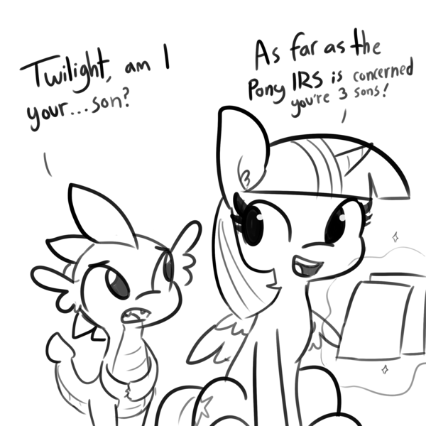 Size: 2250x2250 | Tagged: safe, artist:tjpones, derpibooru import, spike, twilight sparkle, twilight sparkle (alicorn), alicorn, dragon, pony, ..., dialogue, ear fluff, fangs, female, grayscale, horse taxes, magic, male, mare, monochrome, open mouth, simple background, tax evasion, tax fraud, telekinesis, this will end in jail time, white background