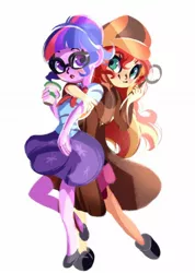 Size: 990x1388 | Tagged: safe, artist:tohupo, derpibooru import, sci-twi, sunset shimmer, twilight sparkle, equestria girls, coffee cup, cup, detective, detective shimmer, duo, hat, simple background, white background