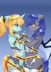 Size: 2480x3508 | Tagged: suggestive, artist:ginkgo leaf, derpibooru import, oc, oc:bar, oc:diamonody, unofficial characters only, anthro, bat pony, unicorn, anthro oc, bat pony oc, bat wings, big breasts, bra, breasts, clothes, eye contact, female, females only, holding hands, lingerie, looking at each other, mare, panties, police tape, socks, stockings, thigh highs, underwear, wings