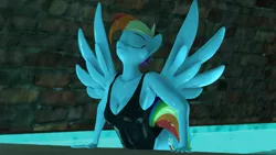 Size: 3840x2160 | Tagged: 3d, alternate version, anthro, artist:epsilonwolf, breasts, busty rainbow dash, cleavage, clothes, derpibooru import, eyes closed, female, indoors, indoor swimming pool, nexgen, one-piece swimsuit, pegasus, plantigrade anthro, rainbow dash, safe, solo, source filmmaker, swimming pool, swimsuit, water, wet, wet mane, wings