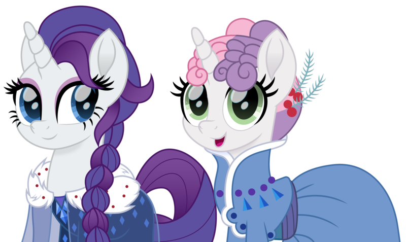 Size: 2348x1400 | Tagged: safe, artist:cloudyglow, derpibooru import, rarity, sweetie belle, pony, unicorn, alternate hairstyle, anna, clothes, crossover, cute, diasweetes, disney, dress, elsa, female, frozen (movie), movie accurate, princess anna belle, queen elsarity, siblings, simple background, sisters, transparent background