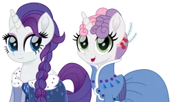 Size: 2348x1400 | Tagged: safe, artist:cloudyglow, derpibooru import, rarity, sweetie belle, pony, unicorn, alternate hairstyle, anna, clothes, crossover, cute, diasweetes, disney, dress, elsa, female, frozen (movie), movie accurate, princess anna belle, queen elsarity, siblings, simple background, sisters, transparent background